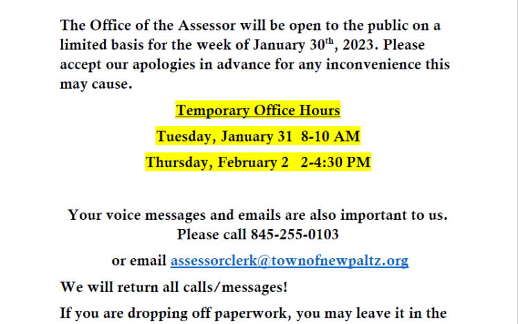 Assessor's Office - Temporary Hours, Week of January 30th